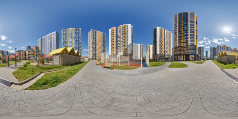 hdri 360 panorama near skyscraper multistory buildings of residential quarter complex in full...