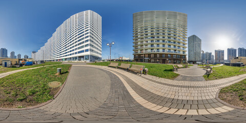 hdri 360 panorama near skyscraper multistory buildings of residential quarter complex in full...