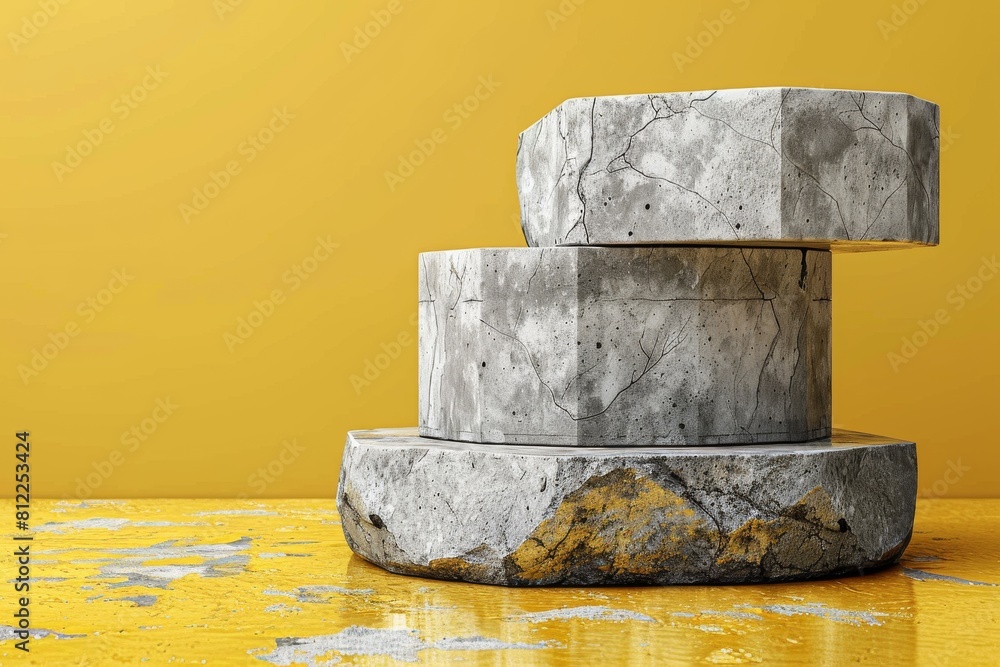 Poster stacked stone slabs on a bright yellow surface create a sense of hierarchy, stability, and display w