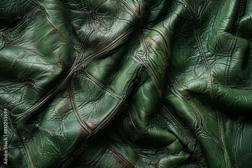 Aufkleber this image captures the detailed texture of a wrinkled, green leather surface with visible stitching