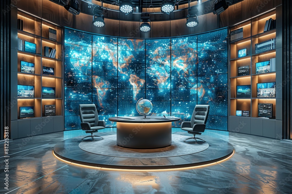 Poster the image showcases a high-tech command room with world maps on screens and modern furniture