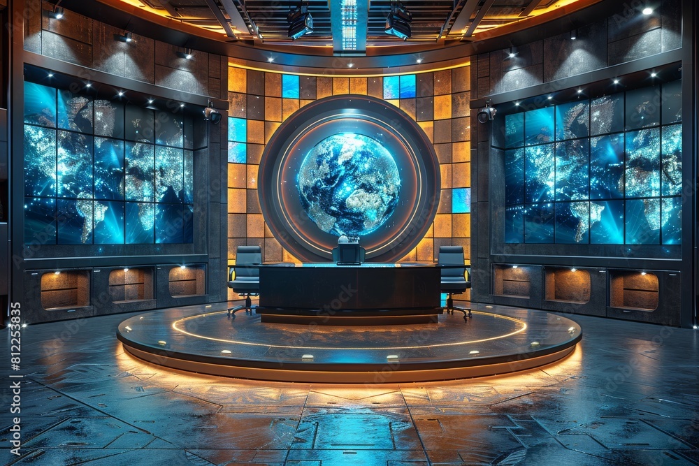 Poster the photo features a futuristic control room with large screens displaying earth and a central desk