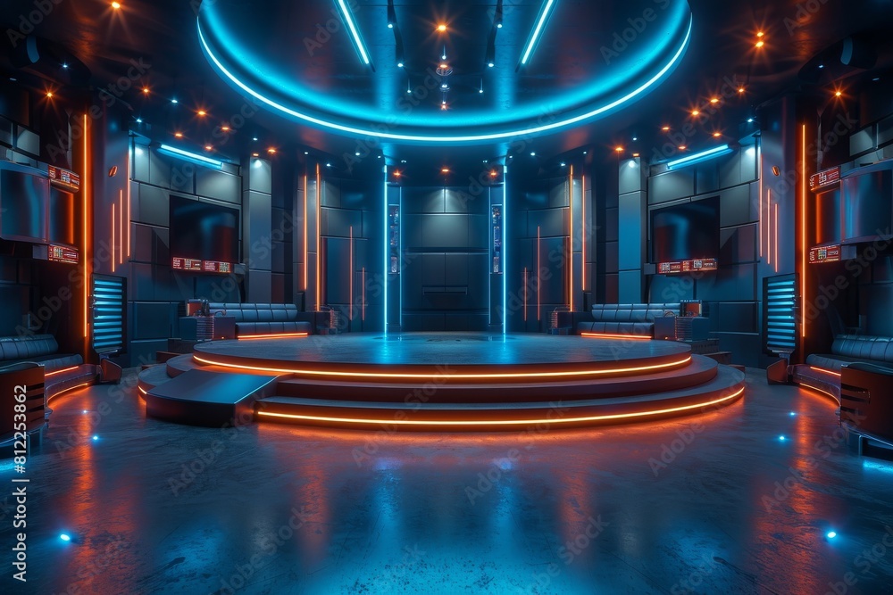 Poster depicts a high-tech, spacious command center illuminated in red and blue lights with a futuristic fe