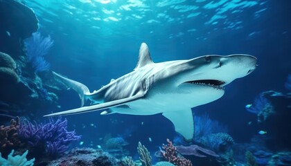 Fototapeta premium Great White Shark in the ocean, portrait of White shark hunting prey in the underwater