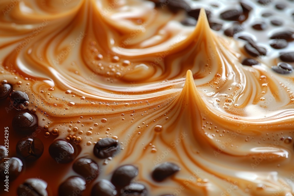 Poster macro photography of coffee with milk swirls and peaks forming abstract patterns
