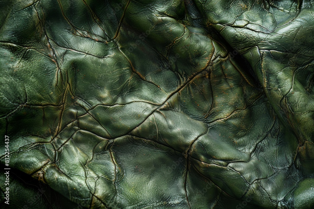 Aufkleber close-up of a textured green leather surface showing intricate patterns and lines resembling veins