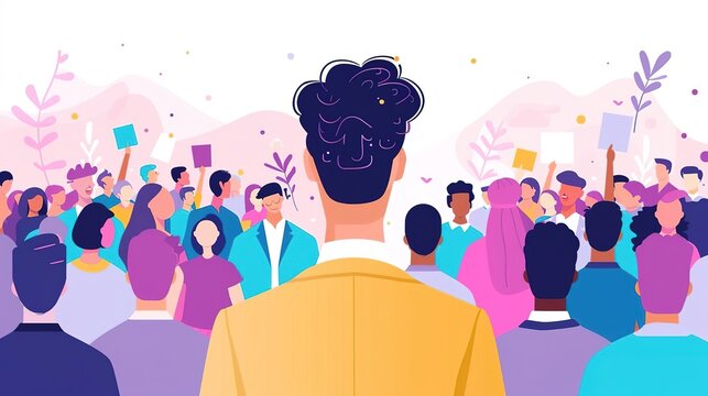 A diverse group of people stand together, facing away from the viewer