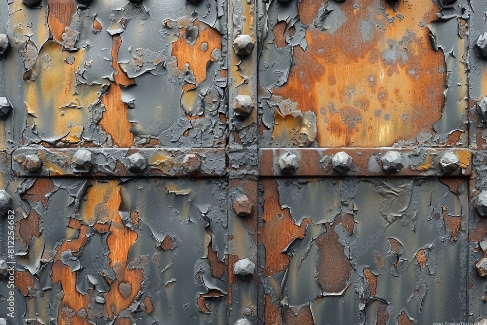 Poster a striking image capturing the vibrant rust and deteriorating paint on an old metallic door with vis