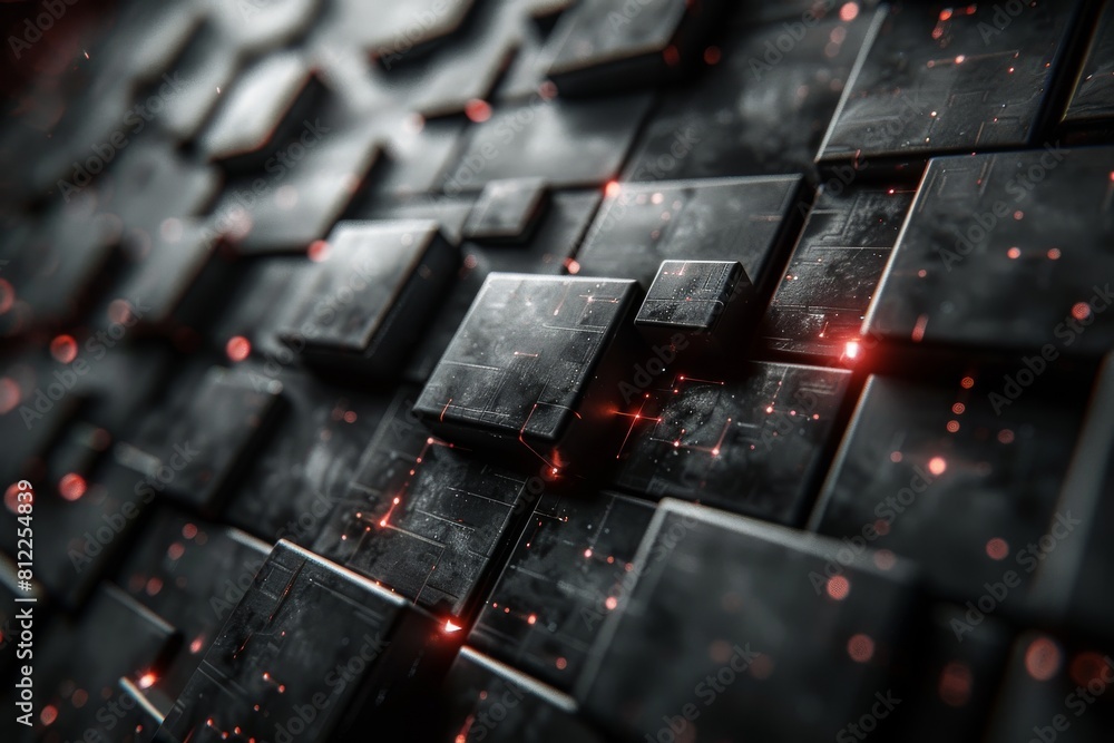 Poster this image showcases dark geometric tiles artfully lit with glowing red lights emphasizing depth and