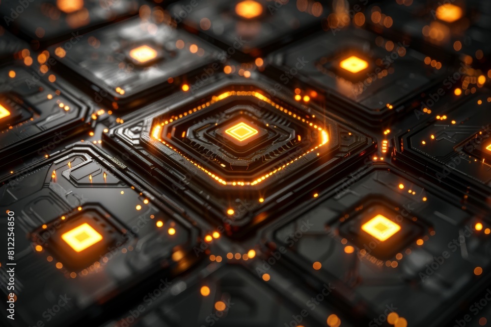 Poster a detailed image of a futuristic circuit board with glowing orange elements and intricate designs