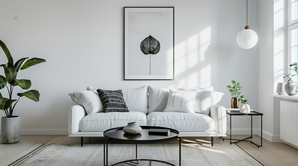 Modern living room interior with sofa in Scandinavian style