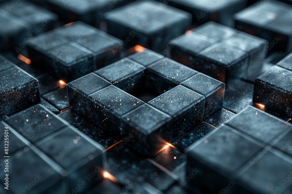 Poster close-up of a conceptual 3d render of illuminated cube structures with a central void, conveying tec