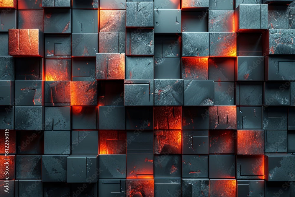 Poster intense red light casting a fiery glow onto a textured surface of stacked square tiles