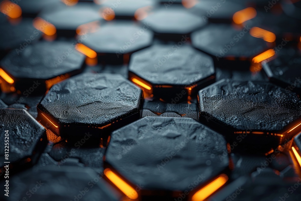 Poster close-up detailed image of condensation on hexagonal structures with a warm backlight illuminating t