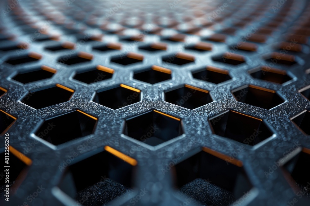 Poster artistic render of a circular arrangement of hexagonal cells with a focus on texture and depth in a 