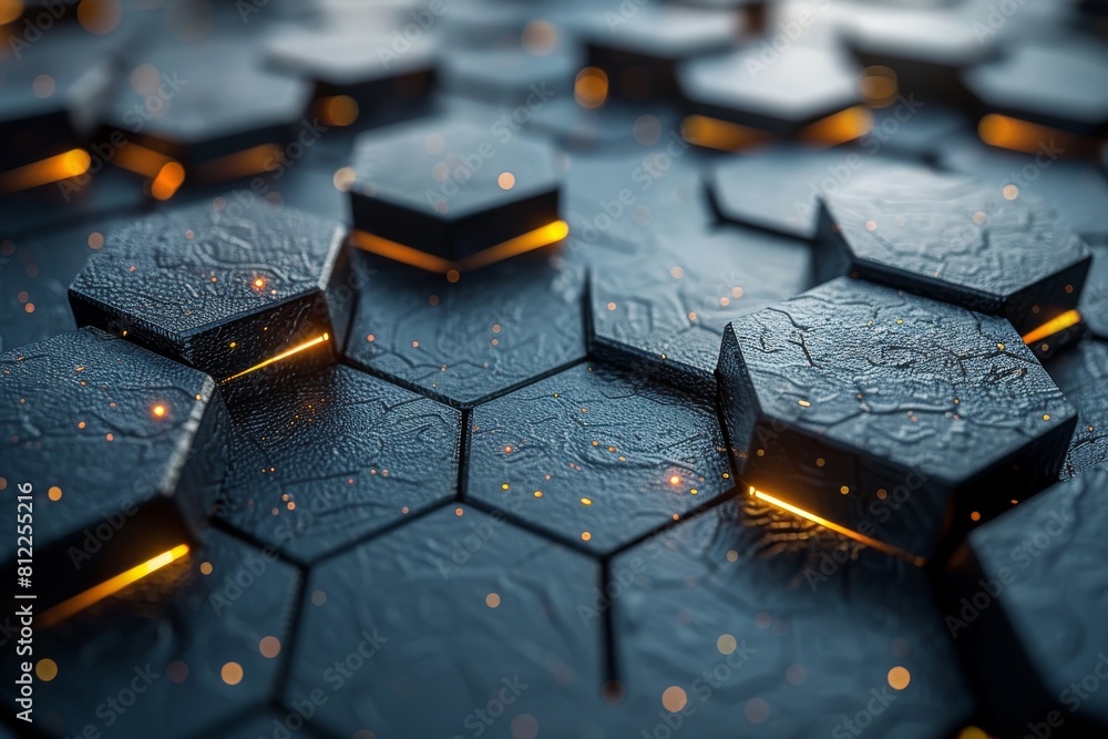 Poster a close-up of a dark hexagonal pattern with illuminated orange edges giving a sense of advanced tech