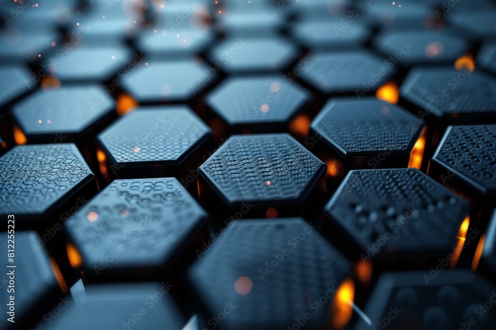 Poster detailed image of a blue hexagonal pattern with orange light reflections suggesting connectivity and