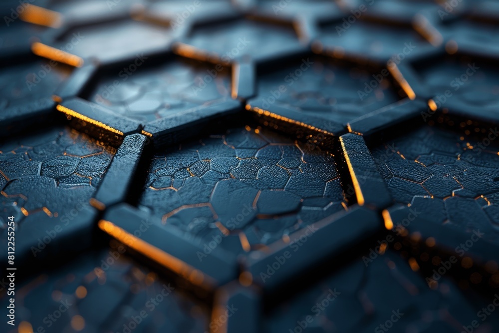 Poster this image features a dark hexagonal pattern with intentional gaps, illuminated by warm lights sugge