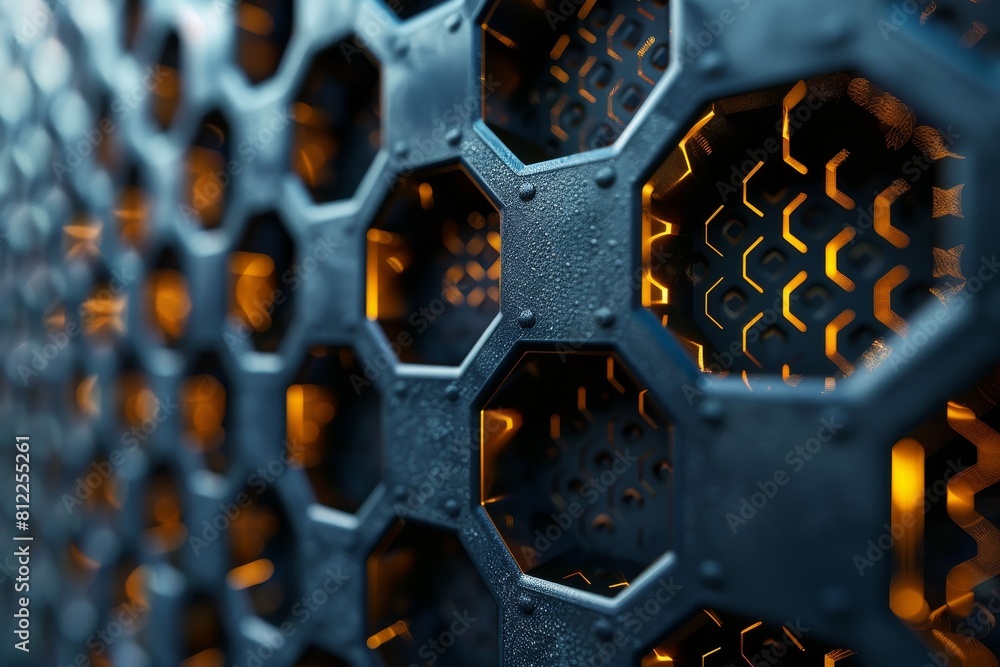 Poster close-up of a dark hexagon mesh with illuminated electronic circuit design, conveying a sense of tec