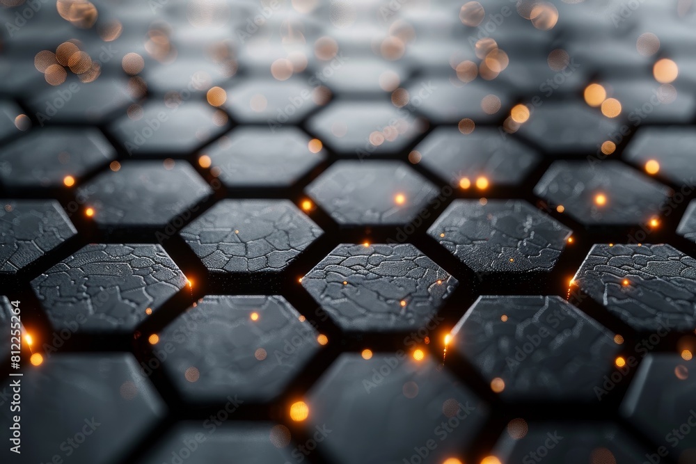 Poster a cracked black hexagonal pattern illuminated by orange lights symbolizes a broken system or network