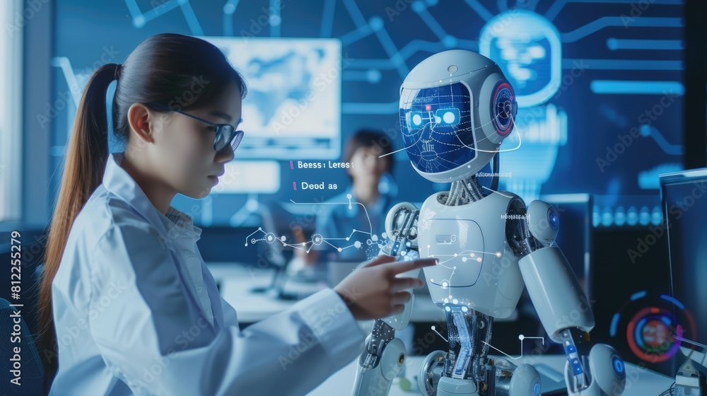 Poster skilled teacher teaching ai to diverse elementary student at digital classroom. smart multicultural 
