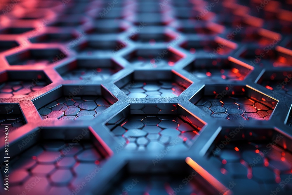Poster close-up of a red and black hexagonal structure with a deep focus, showing intricate design details 