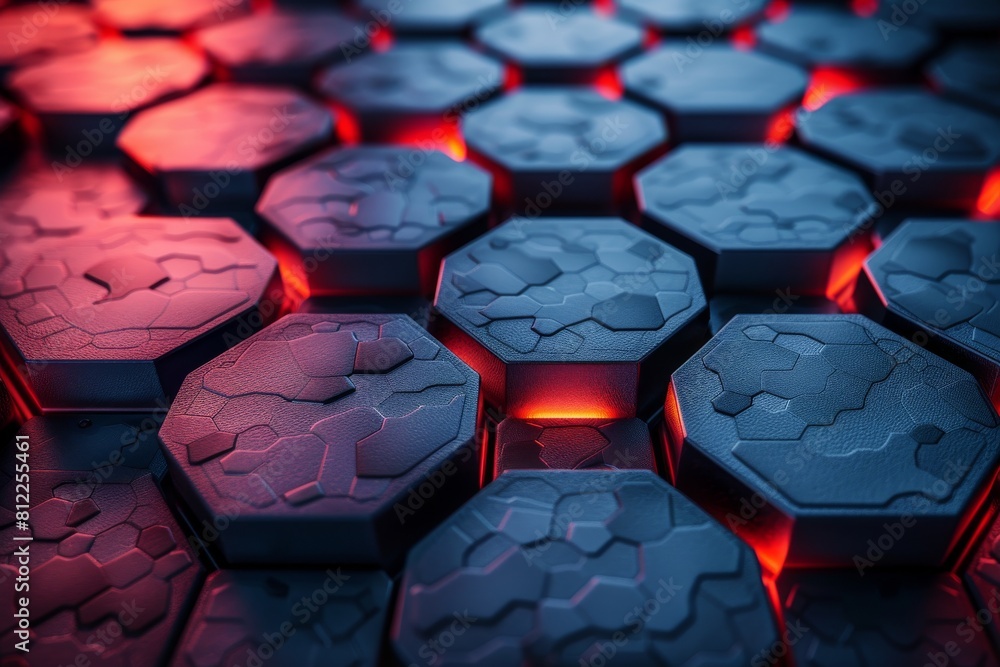 Poster highly detailed textured blue hexagonal pattern with subtle red accents creating depth and interest