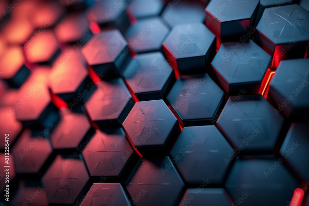 Poster this image captures an abstract perspective of a hexagonal surface bathed in moody red lighting