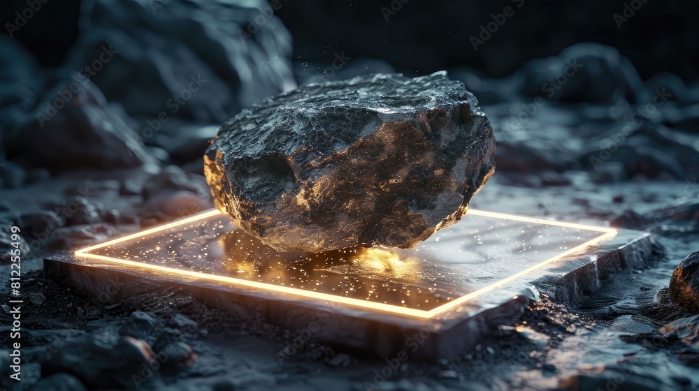 Poster capturing the essence of an asteroid perched on a glowing see through platform using natural stones 