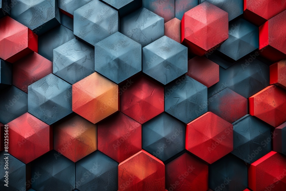 Poster striking image of a hexagonal tile pattern with vivid red highlights suggesting technological or dig