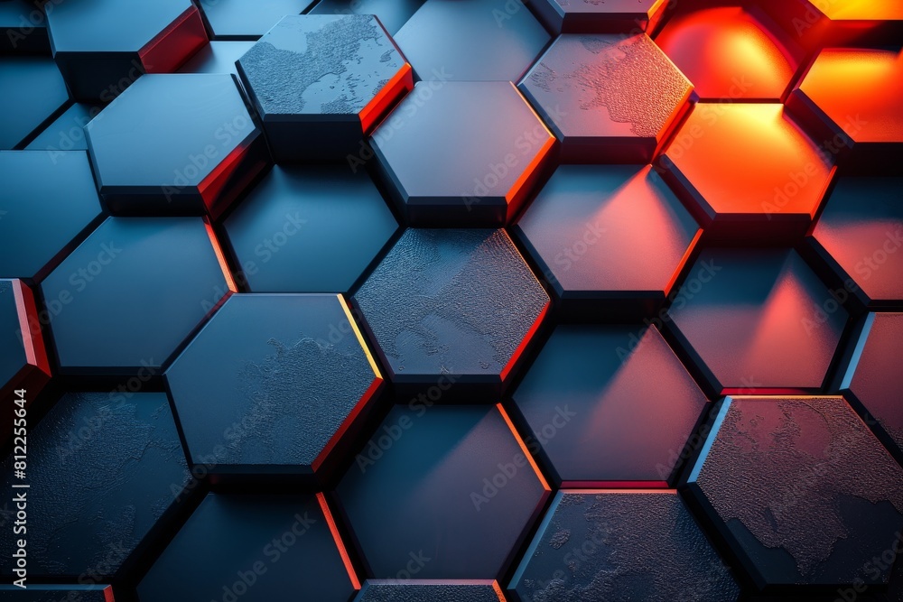 Poster this image showcases an array of hexagonal shapes illuminated with a gradient from blue to red light