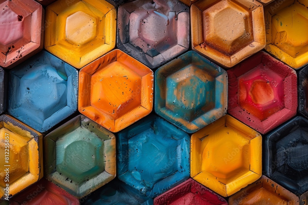 Poster bold and bright multi-colored hexagonal tile arrangement creating an eye-catching pattern