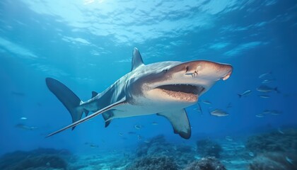Naklejka premium Great White Shark in the ocean, portrait of White shark hunting prey in the underwater