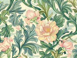 A painting of a lush green background with pink flowers and green leaves.