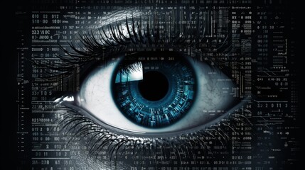 Obraz premium Blue eye iris with numbers and code. Concept of technology, security, surveillance, and artificial intelligence.