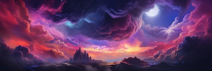 Fototapeta premium Majestic Night Sky With Vibrant Clouds And Mysterious Mountain Peaks. Celestial Landscape. Generative AI