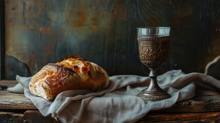 Obraz premium A serene depiction capturing communion a still life featuring a beautifully adorned chalice filled with wine alongside a loaf of bread