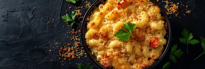 Lobster mac and cheese with breadcrumbs, top view horizontal food banner with copy space