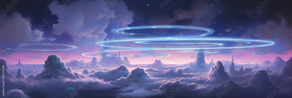 Poster surreal glowing rings above cloudy futuristic city. sci-fi skyline with luminous circular mystical o