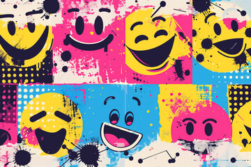 abstract smiling emoji colorful vibrant artistic display of various expressive smiley faces background