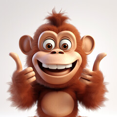A smiling cartoon monkey with a joyful expression stands against a light background, giving a double thumbs up - Generative AI