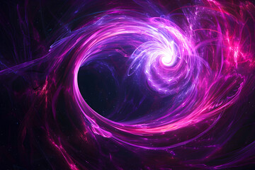 Psychedelic neon galaxy with glowing pink and purple hues. Mesmerizing visual display on black background.