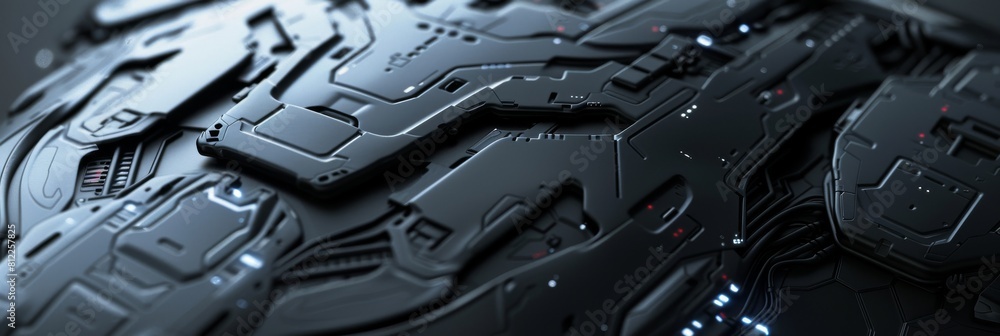 Poster futuristic black tech panel. dark technology surface with detailed circuit pattern
