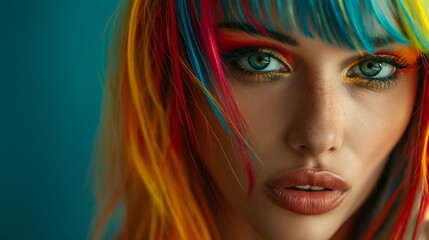 Naklejka premium A close-up portrayal of a young woman with striking rainbow-colored hair, featuring hues of red, yellow, and blue, with an intense gaze - LGBTQ rights concept - Generative AI