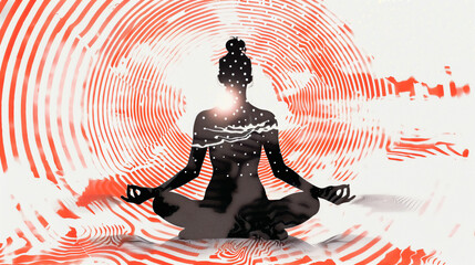 international yoga day dark silhouette of female meditating lotus pose with vibrant abstract circular swirling energy patterns spiritual atmosphere