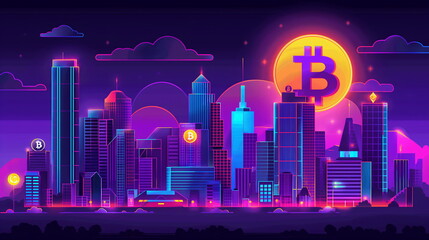 A neon-lit skyline portrays a futuristic city at night, adorned with symbols of Bitcoin, reflecting cryptocurrencys integration into modern society - Generative AI