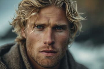 Close-up portrait of a serious young man with windswept blond hair and piercing eyes