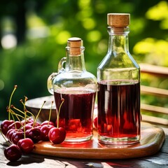 Cherry brandy in glasses and in a glass bottle on a wooden table in a summer garden.