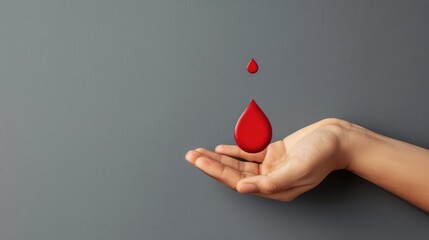 Blood donation concept illustrated with an image of a human hand holding a blood drop symbol against a gray background accompanied by copy space This composition conveys the essence of Worl