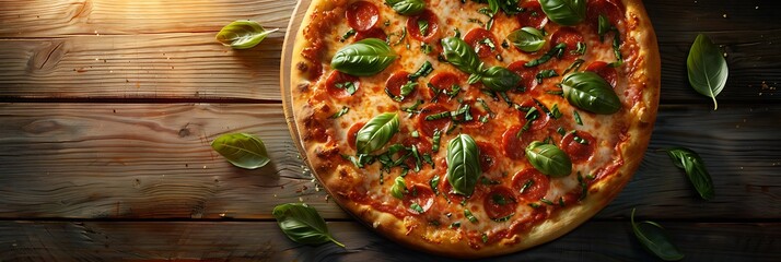 Margarita pizza with fresh basil, top view horizontal food banner with copy space